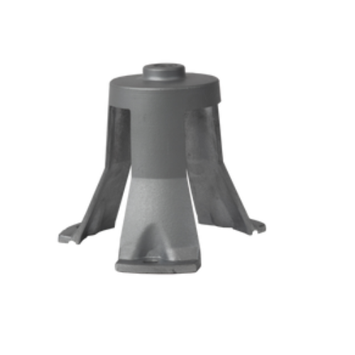 Um objeto de plástico cinza com um furo no meio em um fundo branco