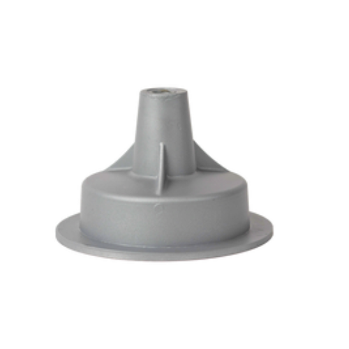 Um item de plástico cinza com um furo no meio em um fundo branco.