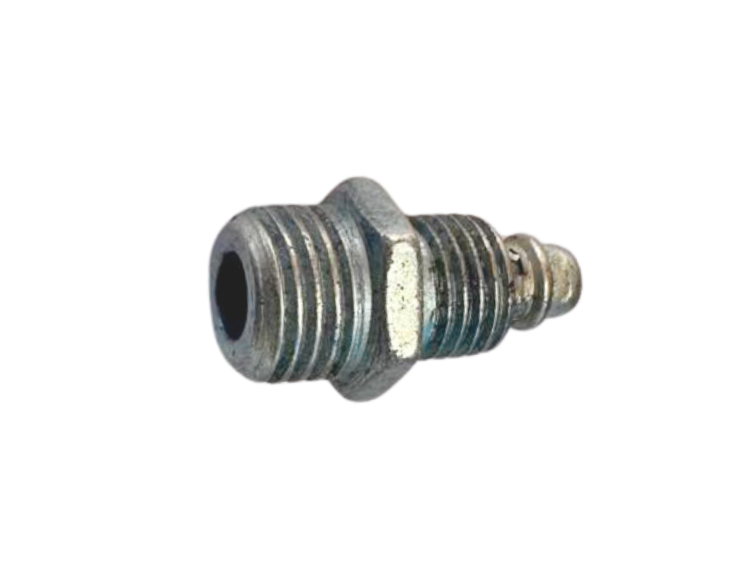 Um close de um encaixe de metal em um fundo branco.