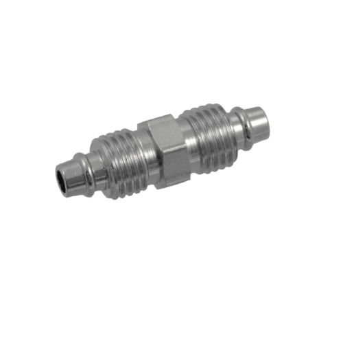 Um close de um conector de metal em um fundo branco.