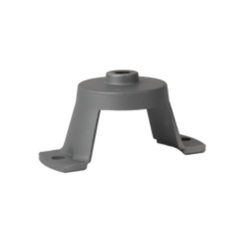 Um suporte de metal cinza com um furo no meio em um fundo branco.