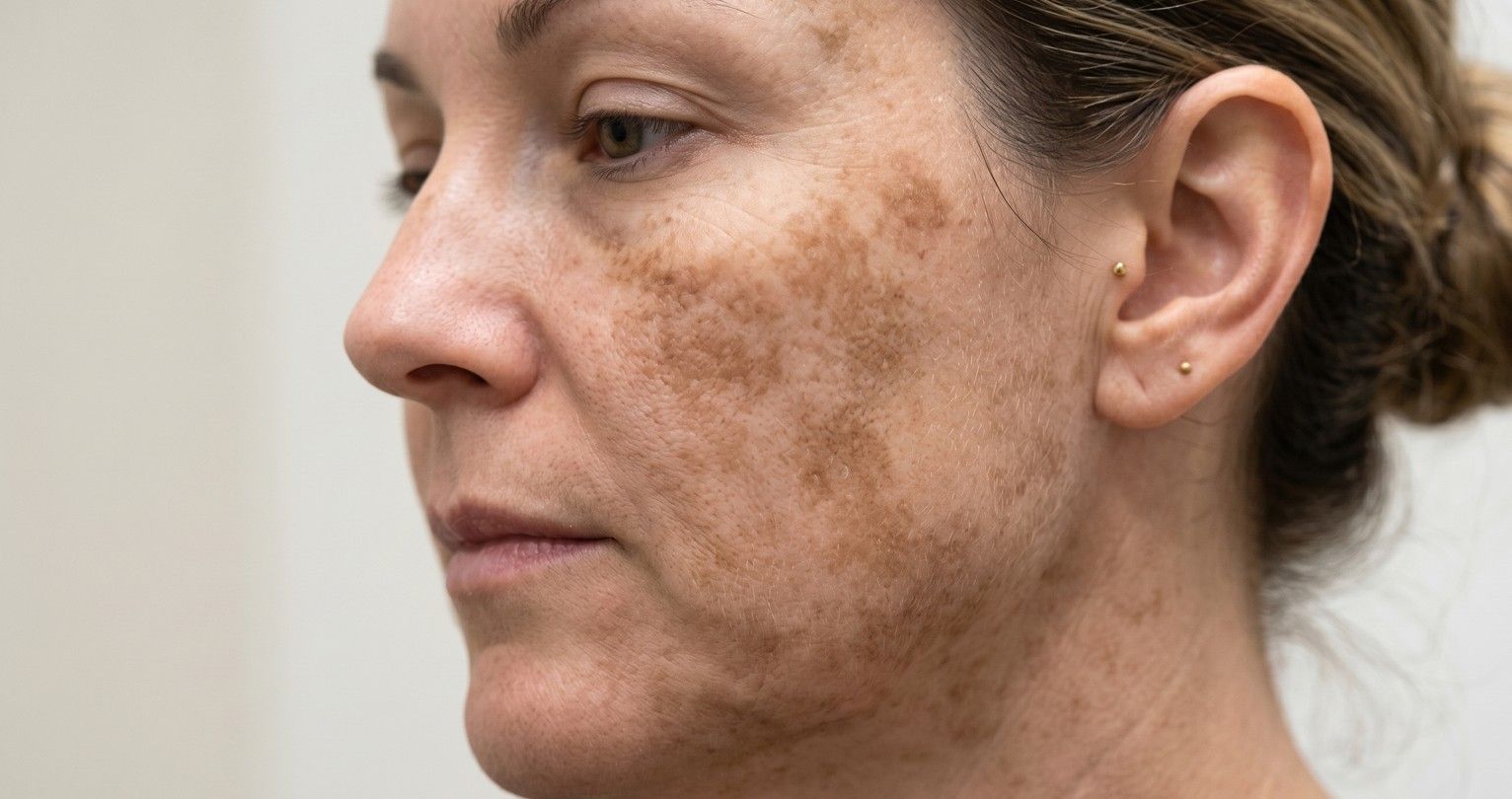 Close-up of a woman's cheek and jawline showing uneven skin tone and patches of hyperpigmentation or melasma