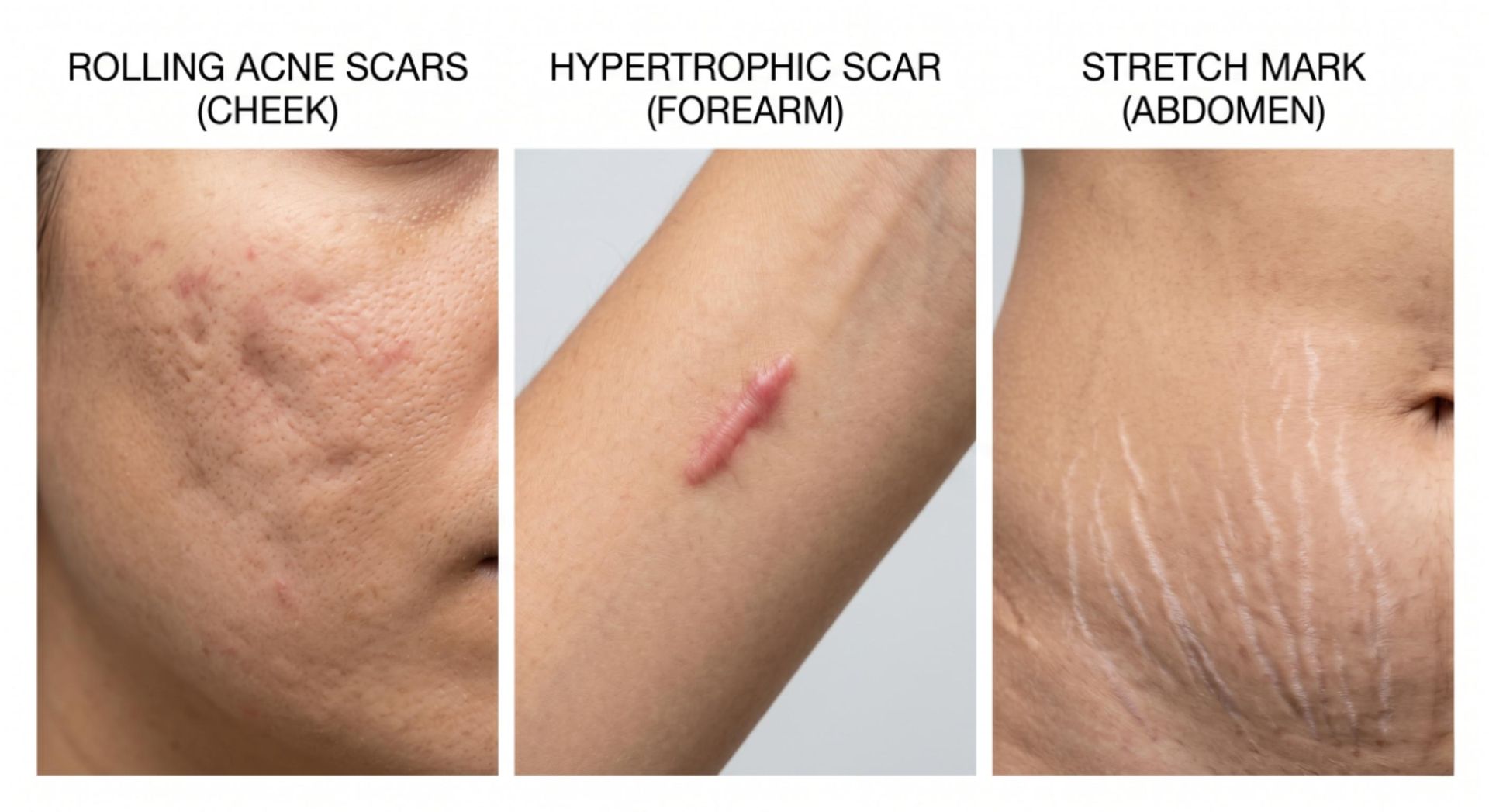 information and visuals on different types of scars such as stretch marks, trauma scars and acne scars