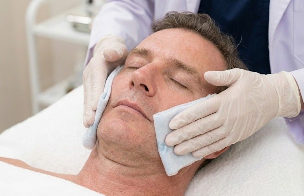 Following the peel's removal, a cool compress is applied to this client's face to stop the acid's action and soothe the area.