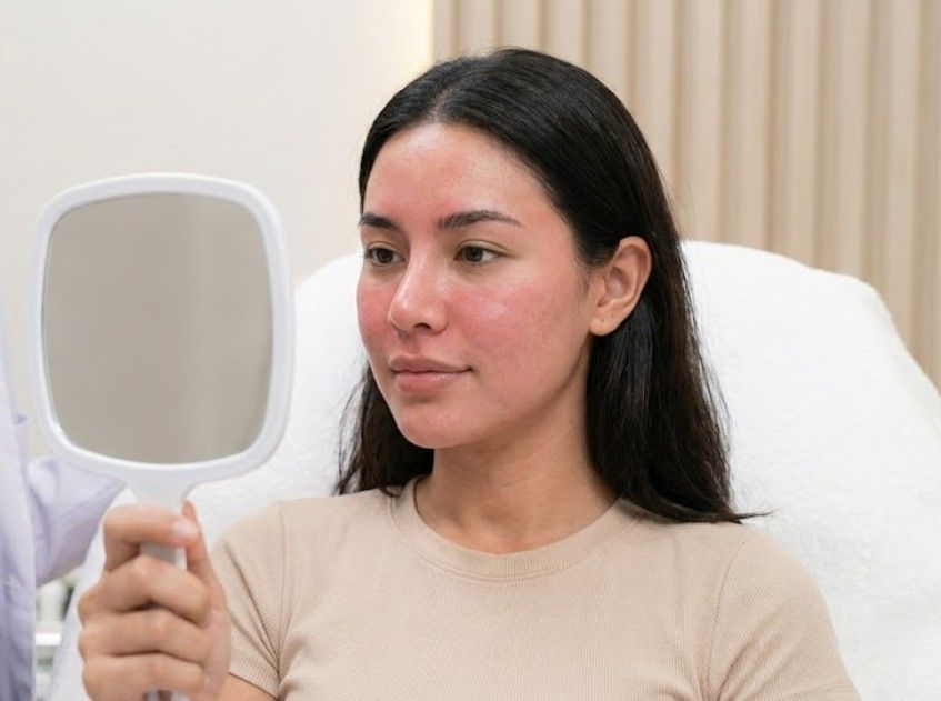 client looking in a mirror shortly after the peel has been removed in Coventry clinic. Her skin appears slightly red and flushed, a normal temporary reaction to the treatment.