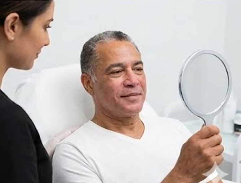 client looking at his face in a mirror, observing the post BioRePeel treatment results