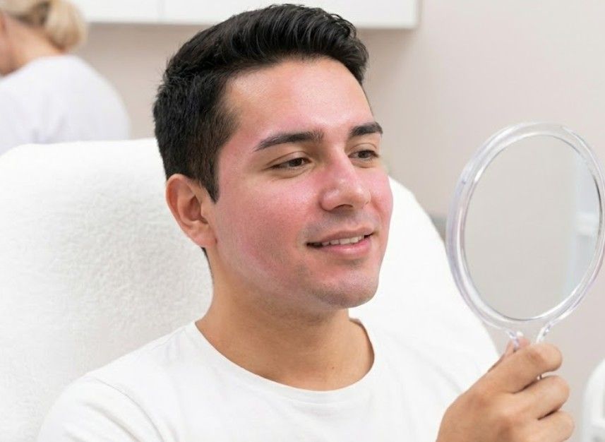 client looking at his face in a mirror, observing the post-lactic acid treatment results