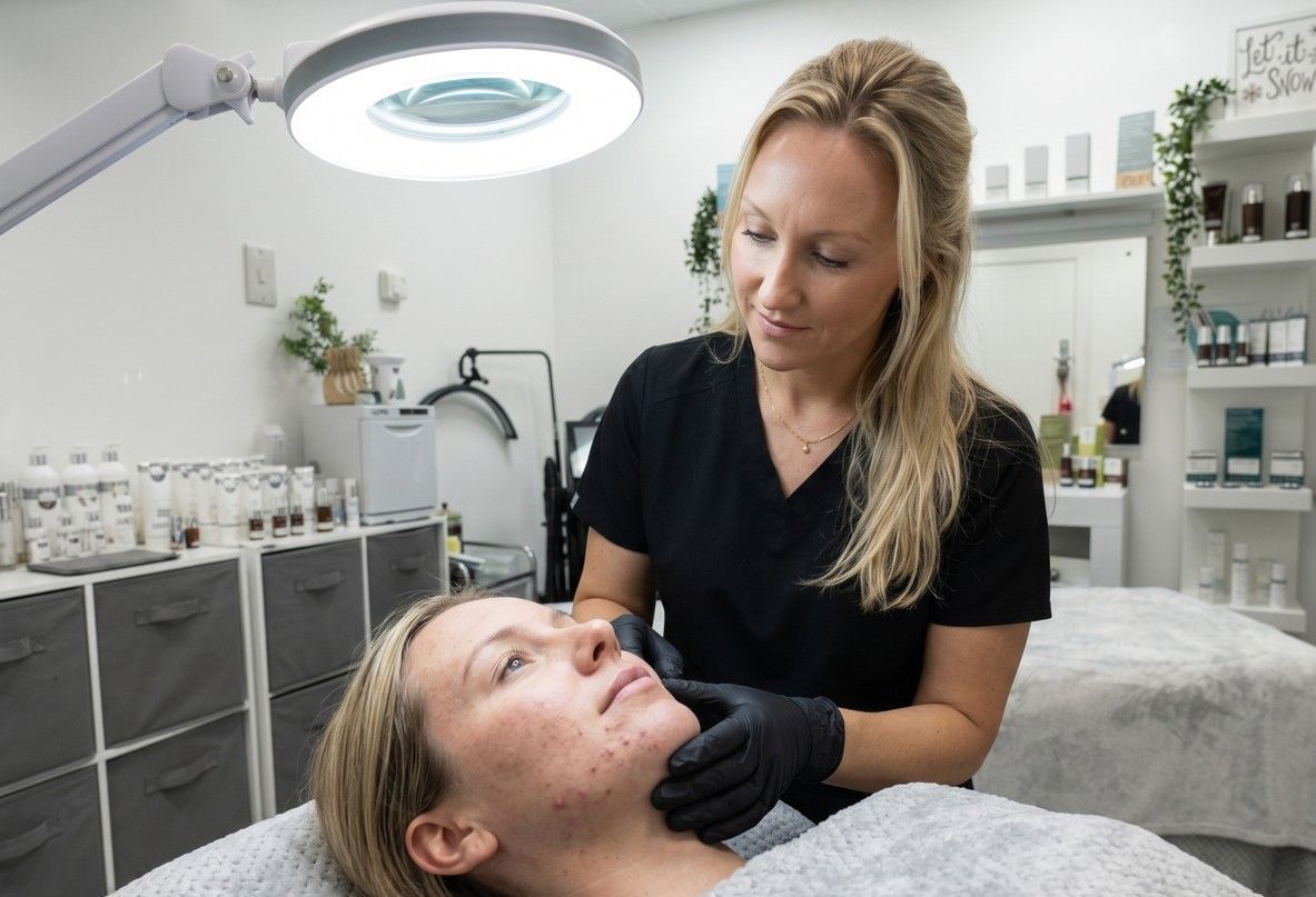 skin therapist examining a female client's facial skin under clinical lighting