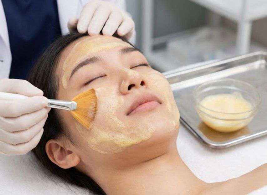 applying an enzyme peel to a client's face with a brush