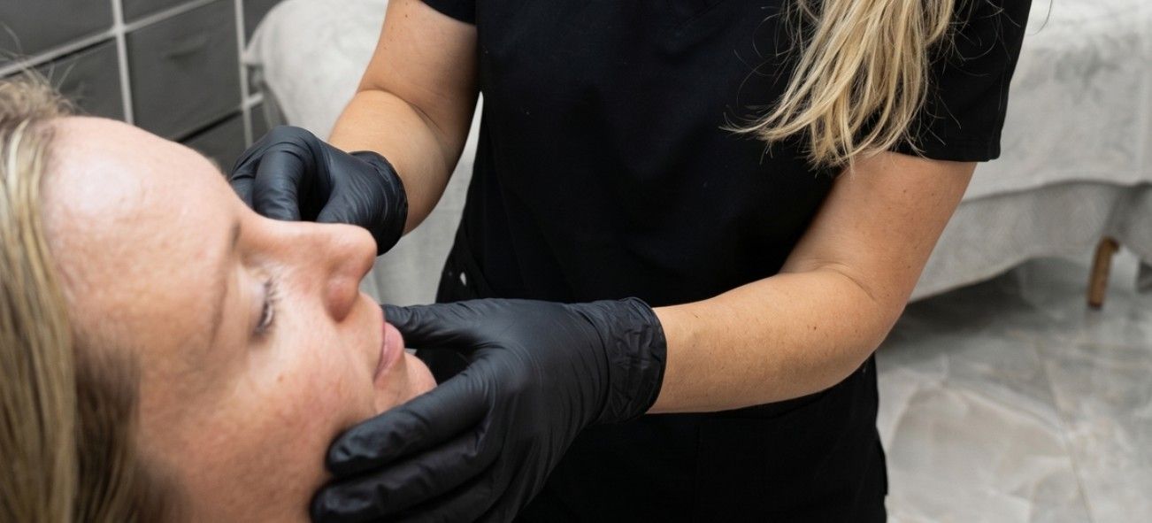 The Skinutrition Clinician examining a client's skin as part of the consultation process