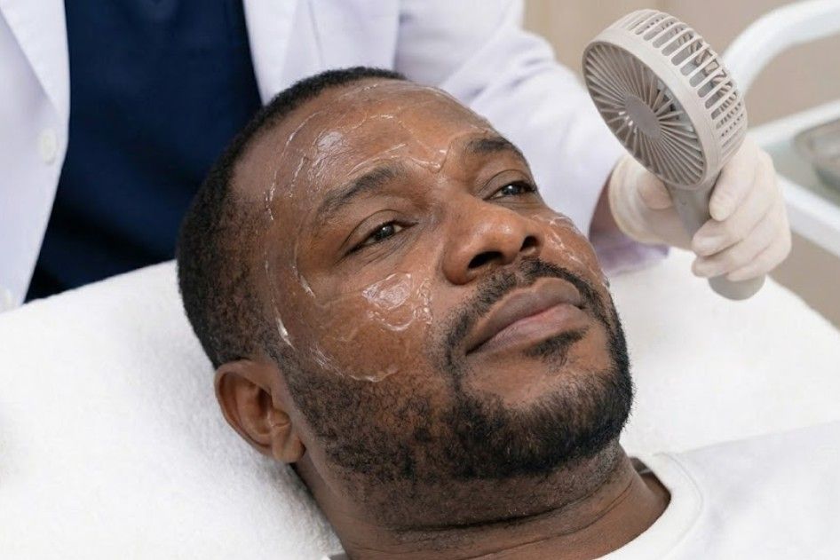 Middle-aged man with the glycolic acid gel on his face. Skinutrition coventry using a small fan to cool his skin and minimize any discomfort during the time the peel is active.