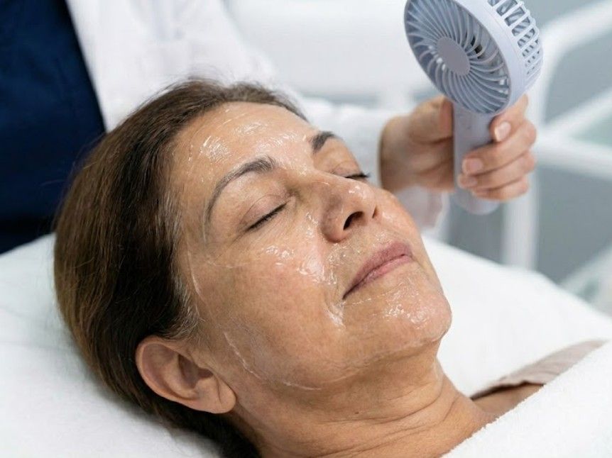 Client having cool air from a small fan blown on her face to provide comfort whilst the salicylic acid is working on the skin.
