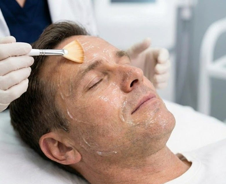 Salicylic acid solution applied to a client's forehead with a soft fan brush in Skinutrition's Coventry clinic