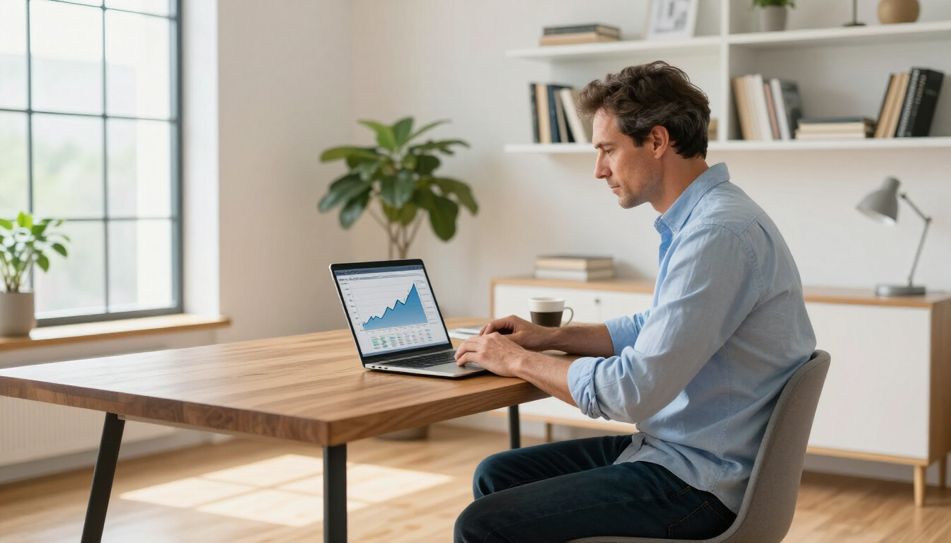 Man using a laptop at a wooden desk in a bright home office, with a chart on screen and shelves behind him