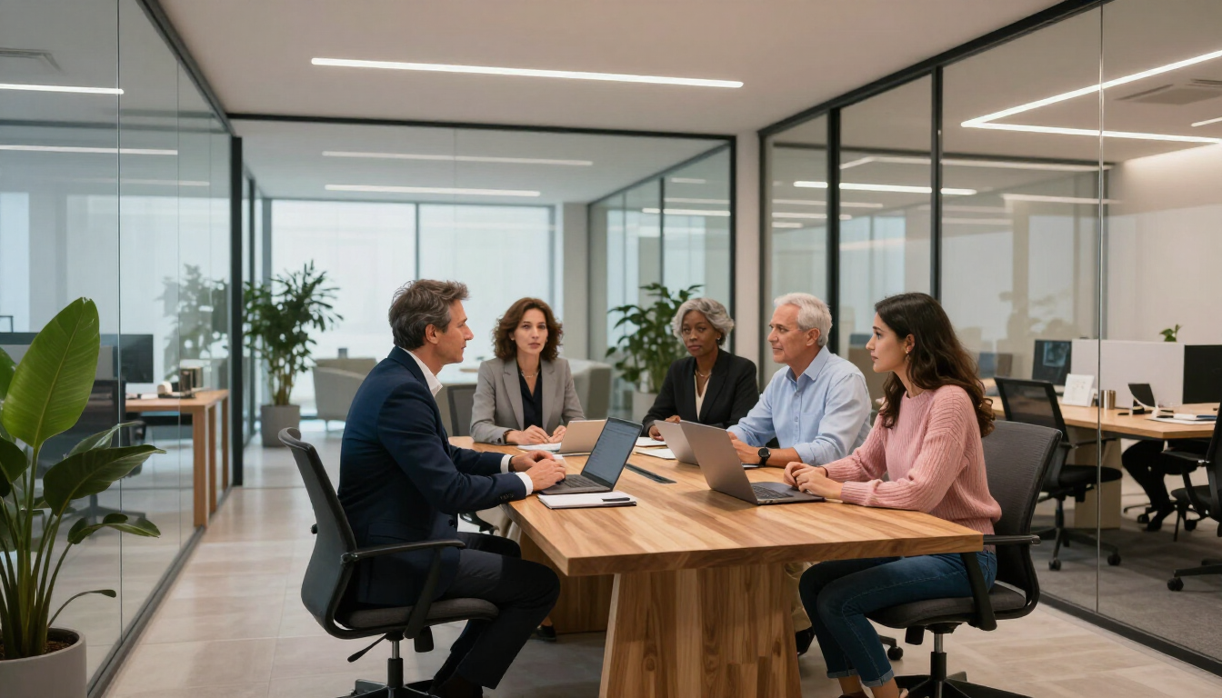 Business meeting in a glass-walled conference room with five people seated around a wooden table, laptops open