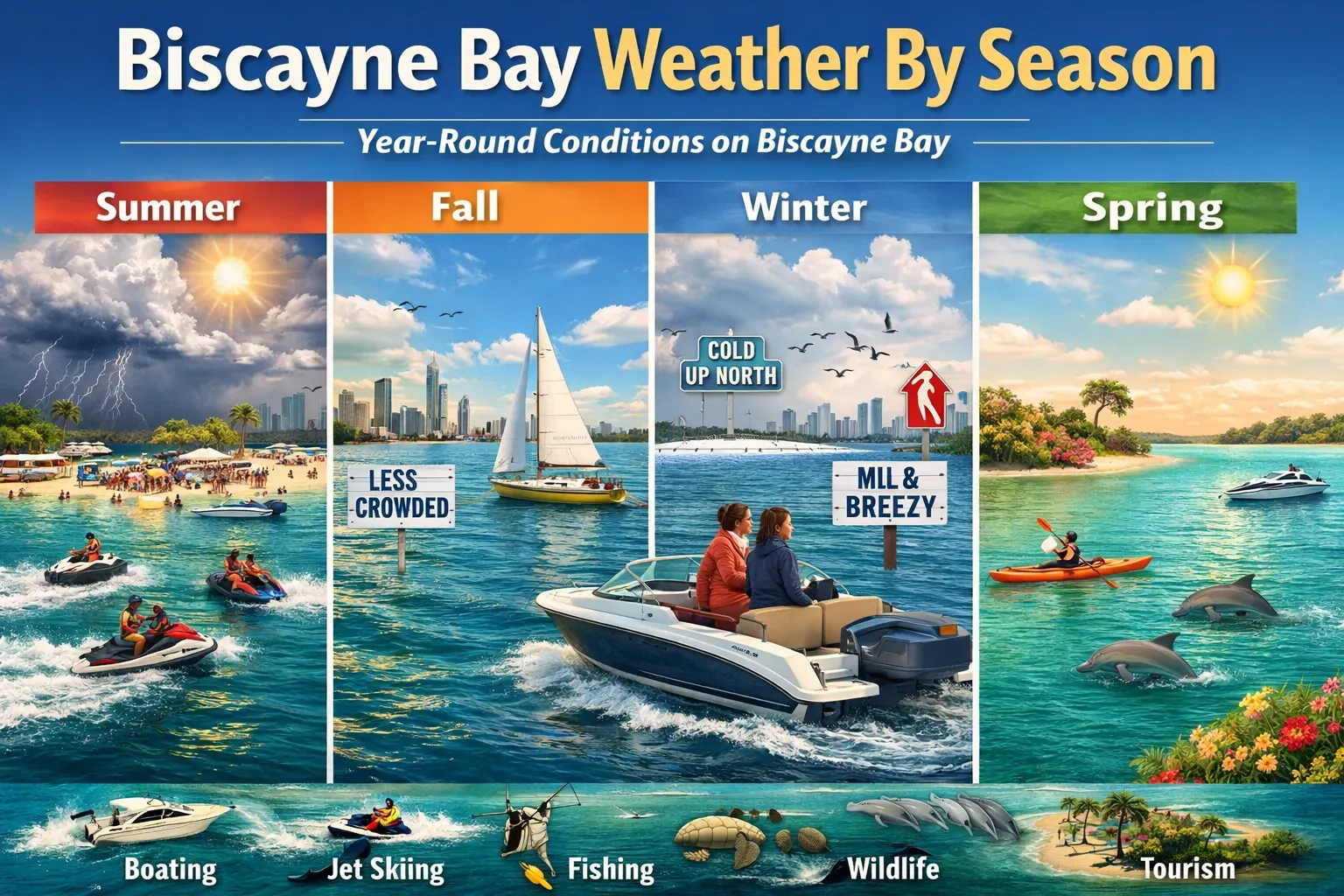 Biscayne Bay weather by season infographic showing monthly water temperatures, wind patterns, boating traffic, and seasonal conditions.