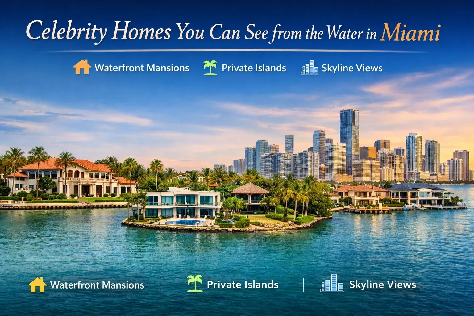 Celebrity homes in Miami seen from the water including waterfront mansions, private islands, and skyline views