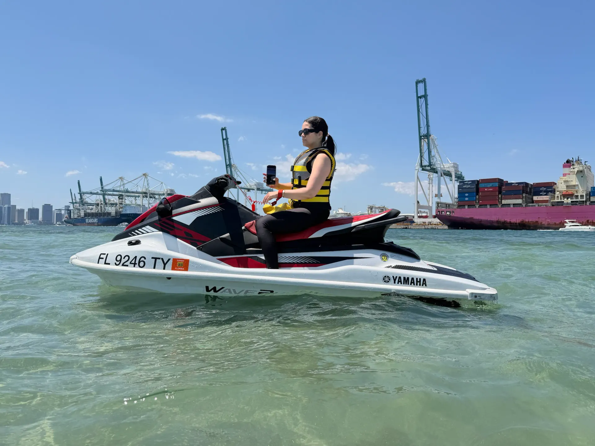 Guest enjoying a Downtown Miami jet ski rental near the Port of Miami with Biscayne Bay views