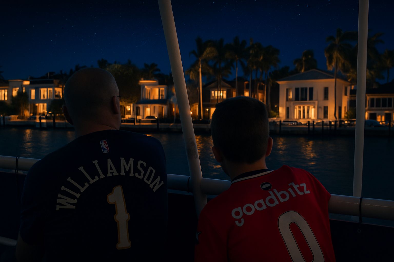 Family friendly Boat tours in Miami at night looking at Star Island Celebrity Mansions