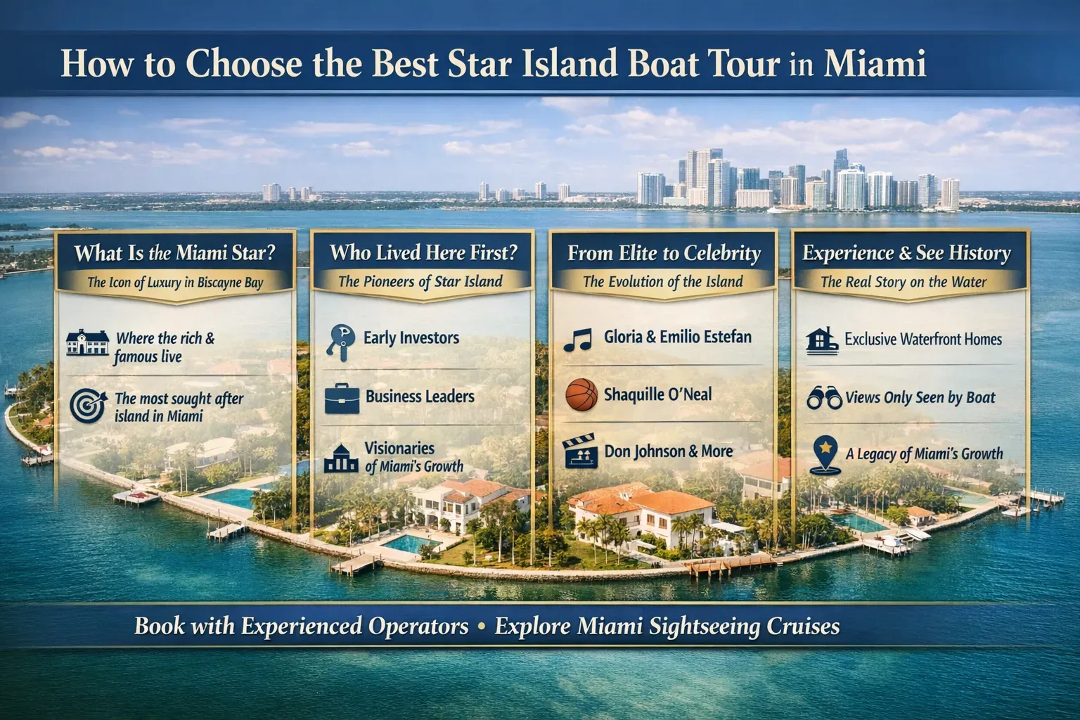 How to choose the best Star Island boat tour in Miami infographic showing Miami Star history, first residents, and sightseeing experience from Biscayne Bay