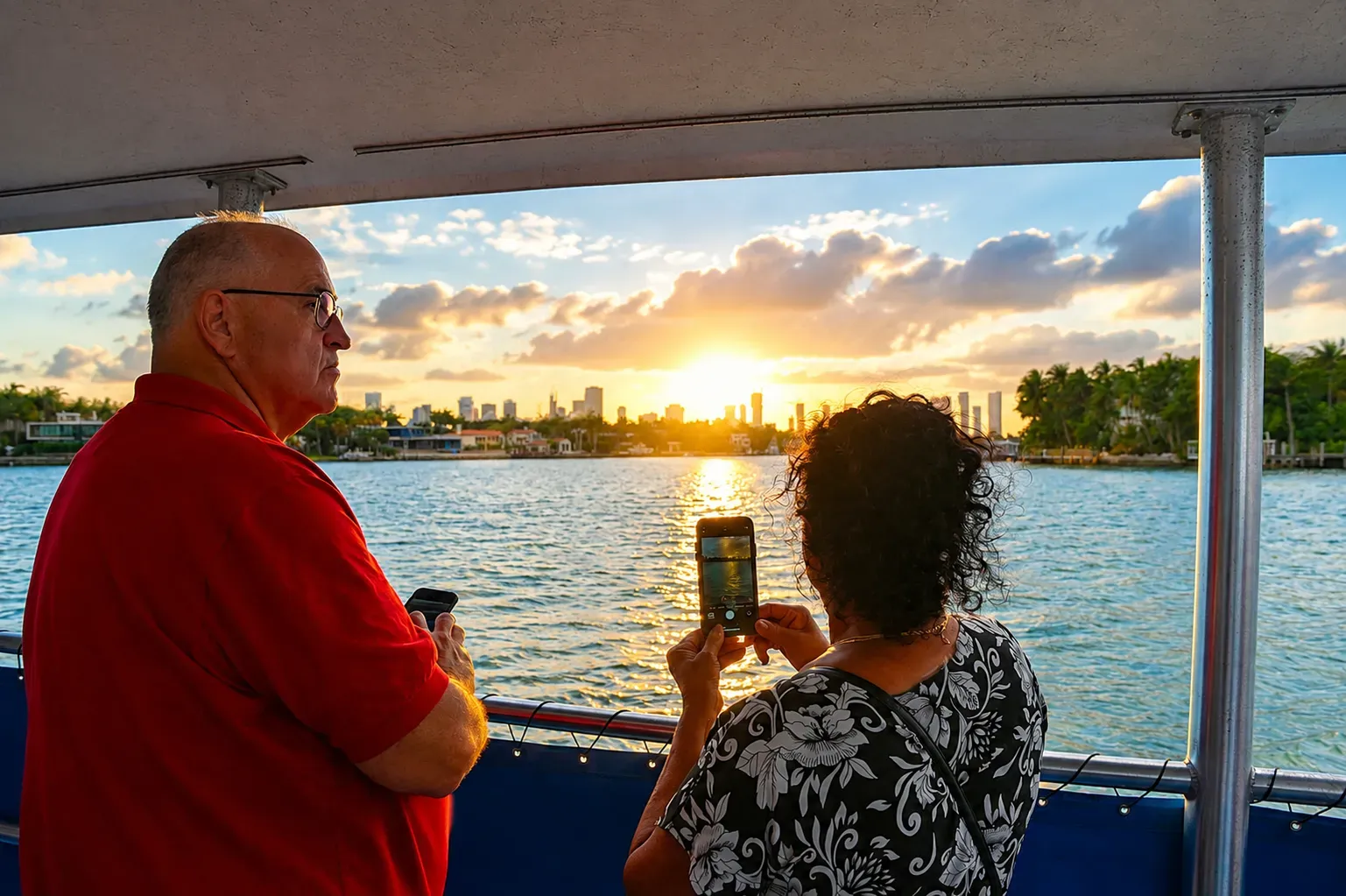 Guests enjoying a Miami boat cruise at sunset with beautiful views of Biscayne Bay and the Miami skyline.