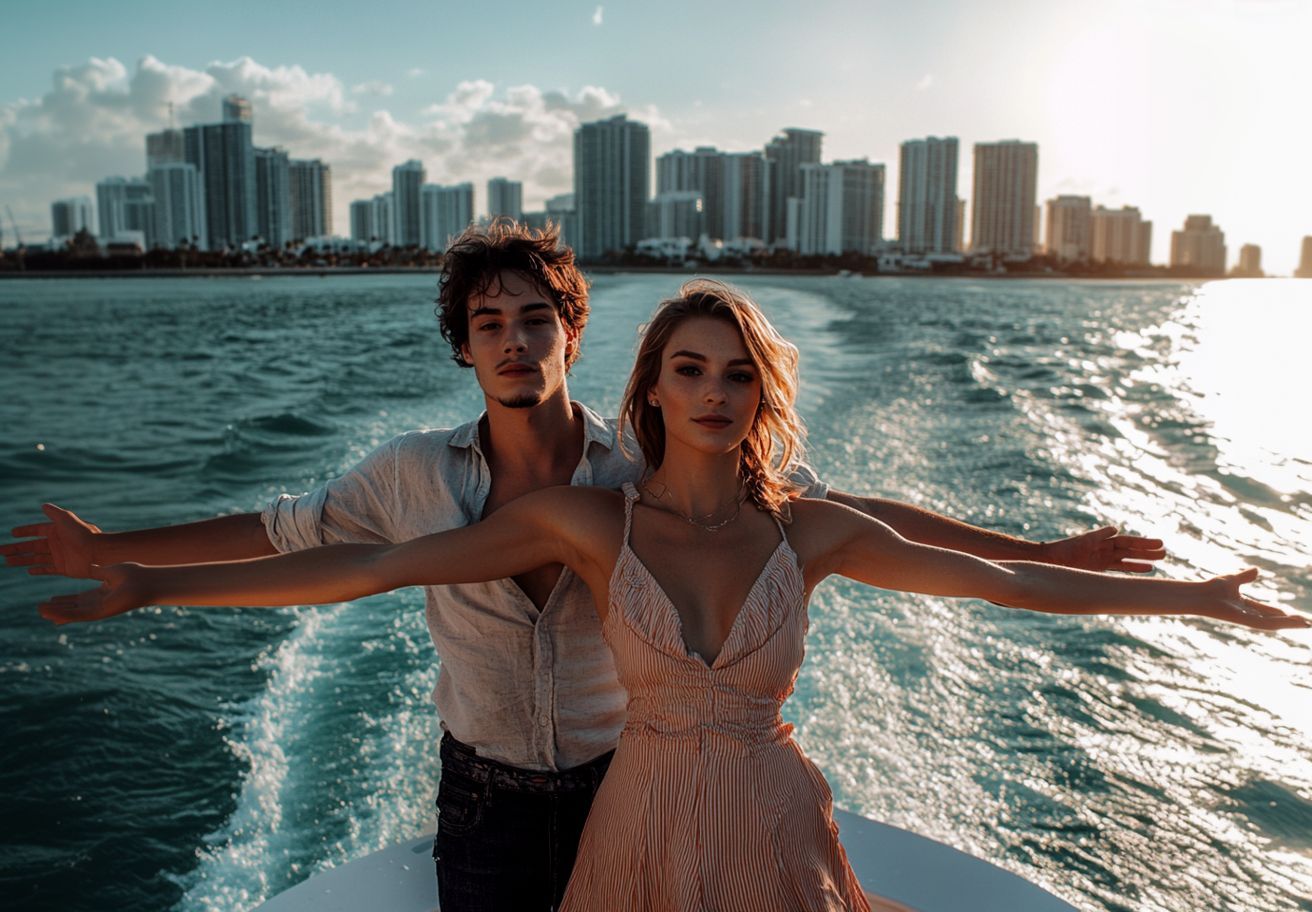 Picture on a Miami Sunset Cruise with the Jack and Rose pose of the Movie Titanic in the front of the Sunset Boat tour