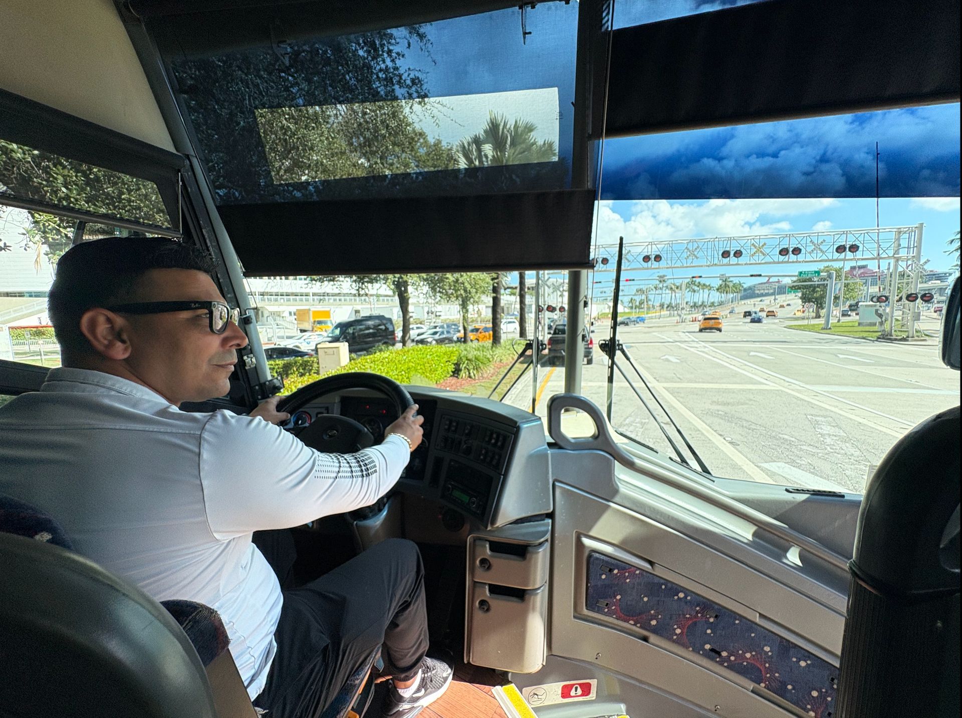 Professional driver operating the Miami to Key West tour bus before departure