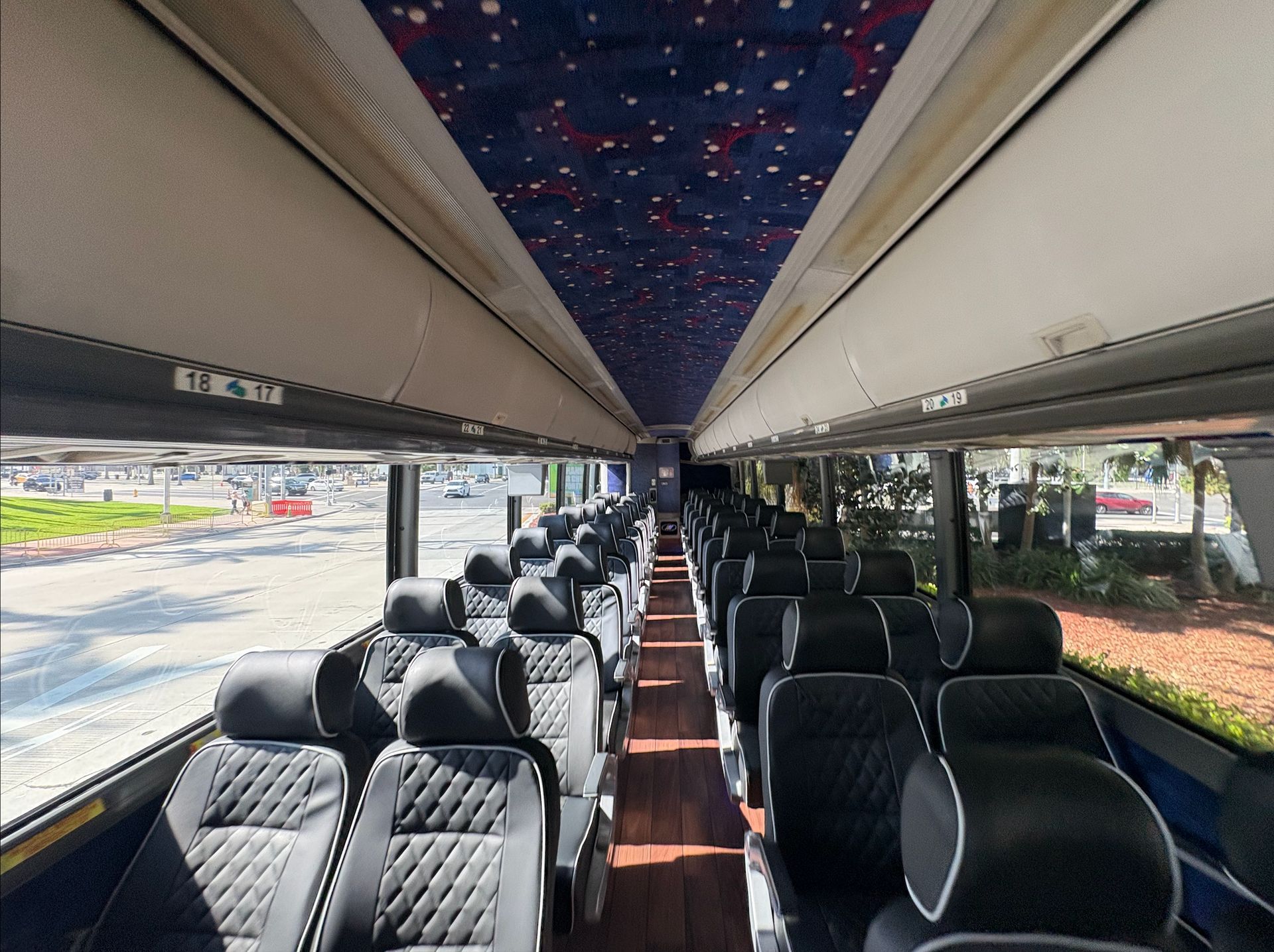 Interior of the Miami to Key West tour bus with comfortable leather seating