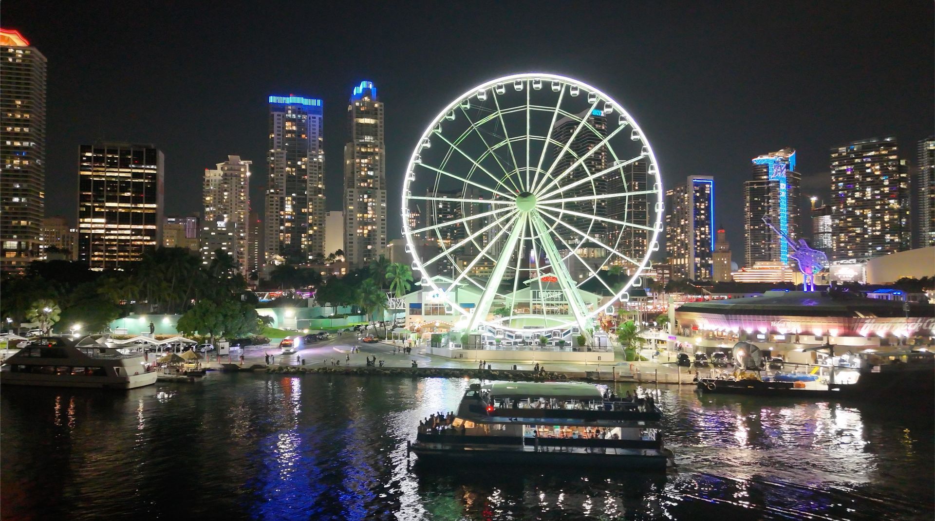 The Miami Skyline seen on the Sightseeing night boat tour in Miami