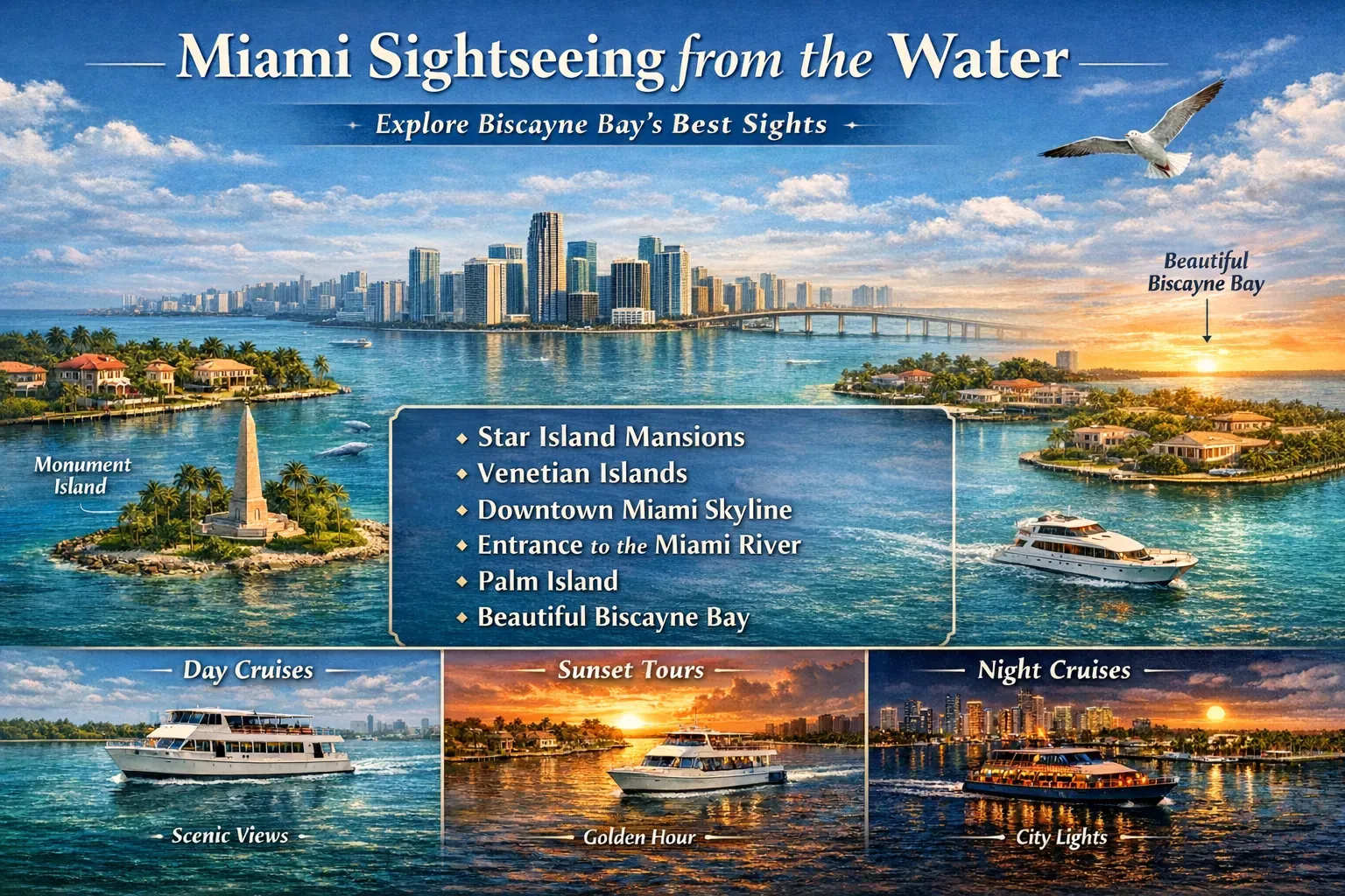 Miami sightseeing from the water infographic showing Biscayne Bay, Star Island mansions, Venetian Islands, Downtown Miami skyline and sightseeing boat routes