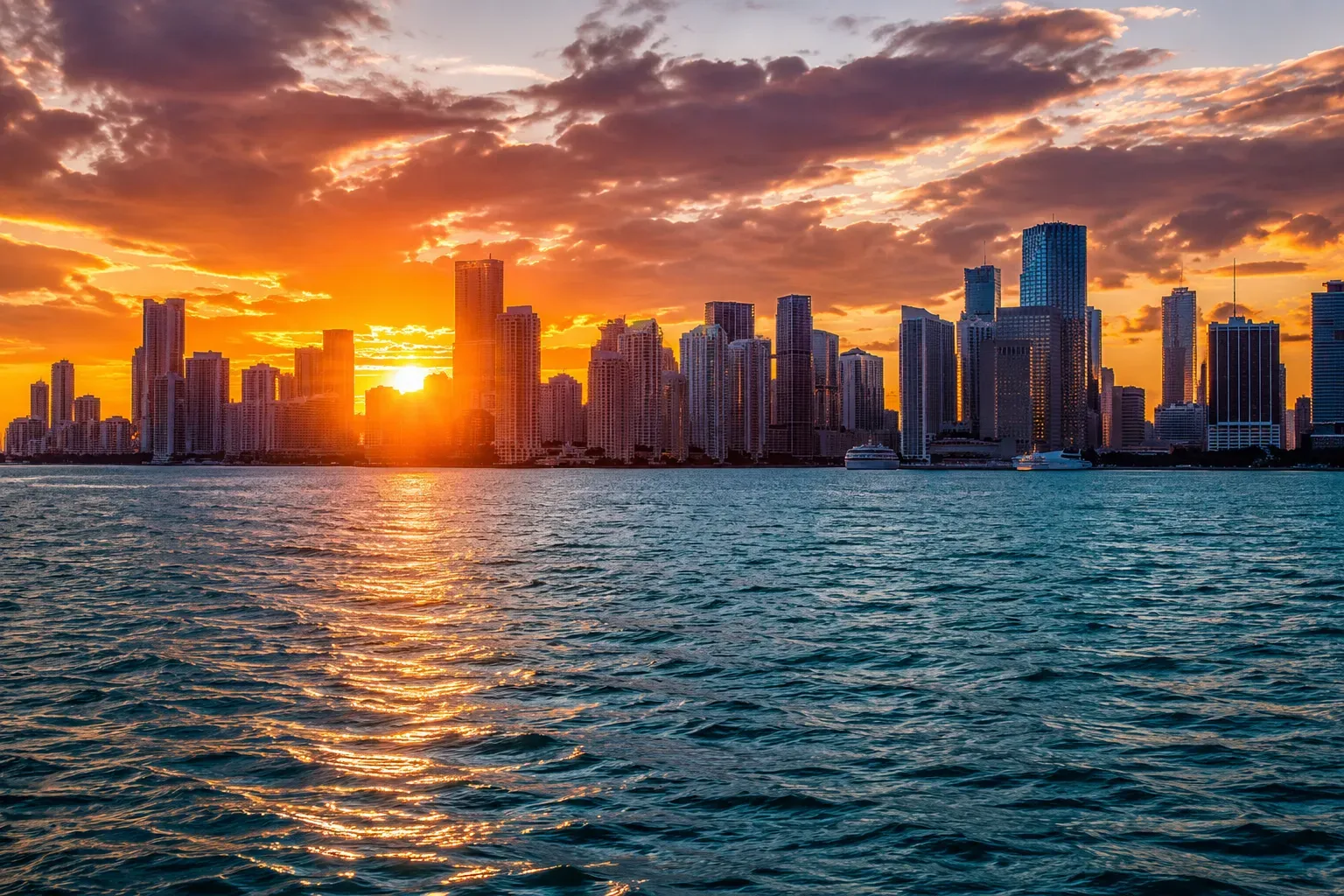 Miami sunset skyline views from Biscayne Bay with turquoise blue water and glowing city reflections