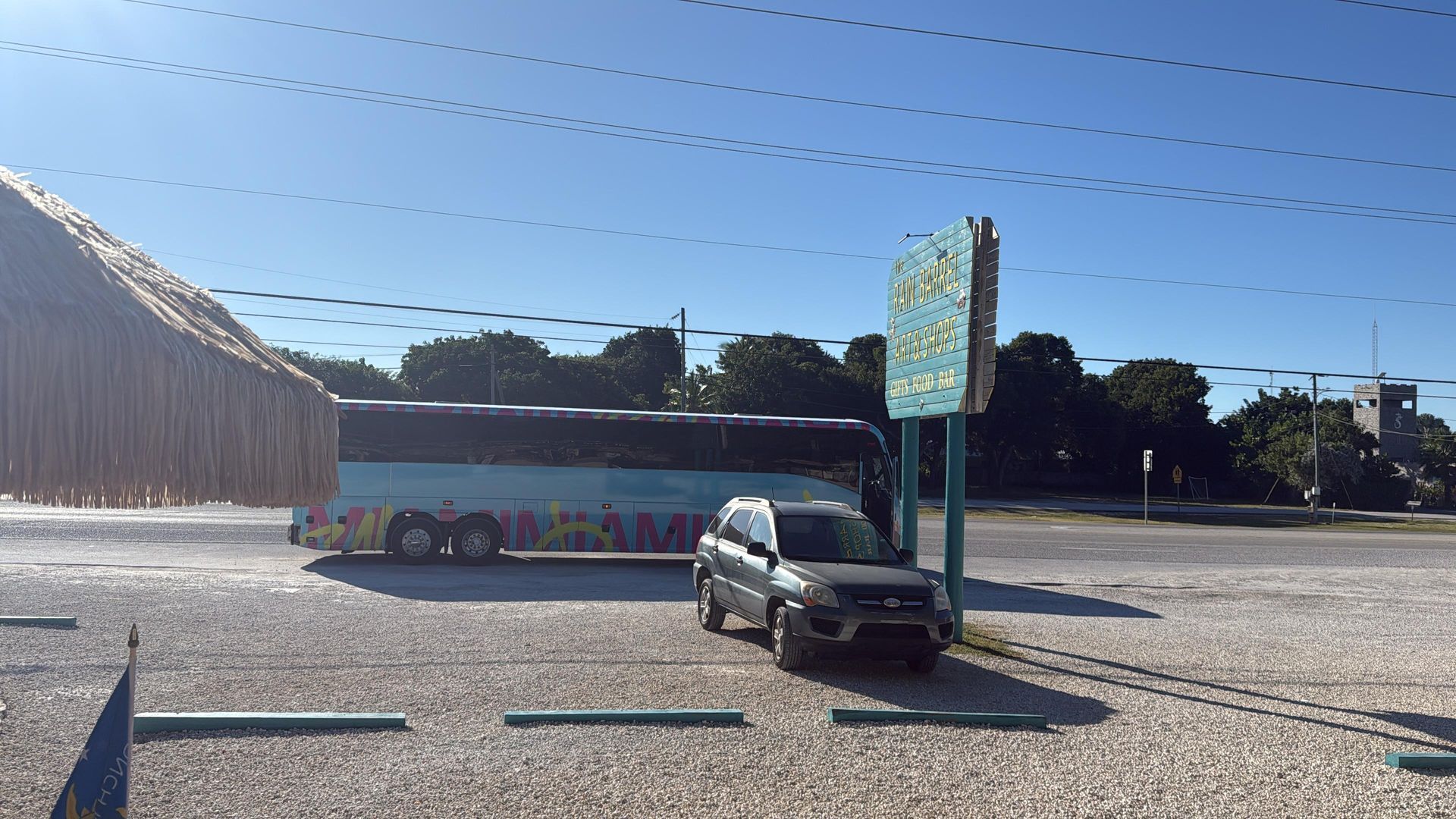 Miami to Key West tour bus parked at the Islamorada rest stop
