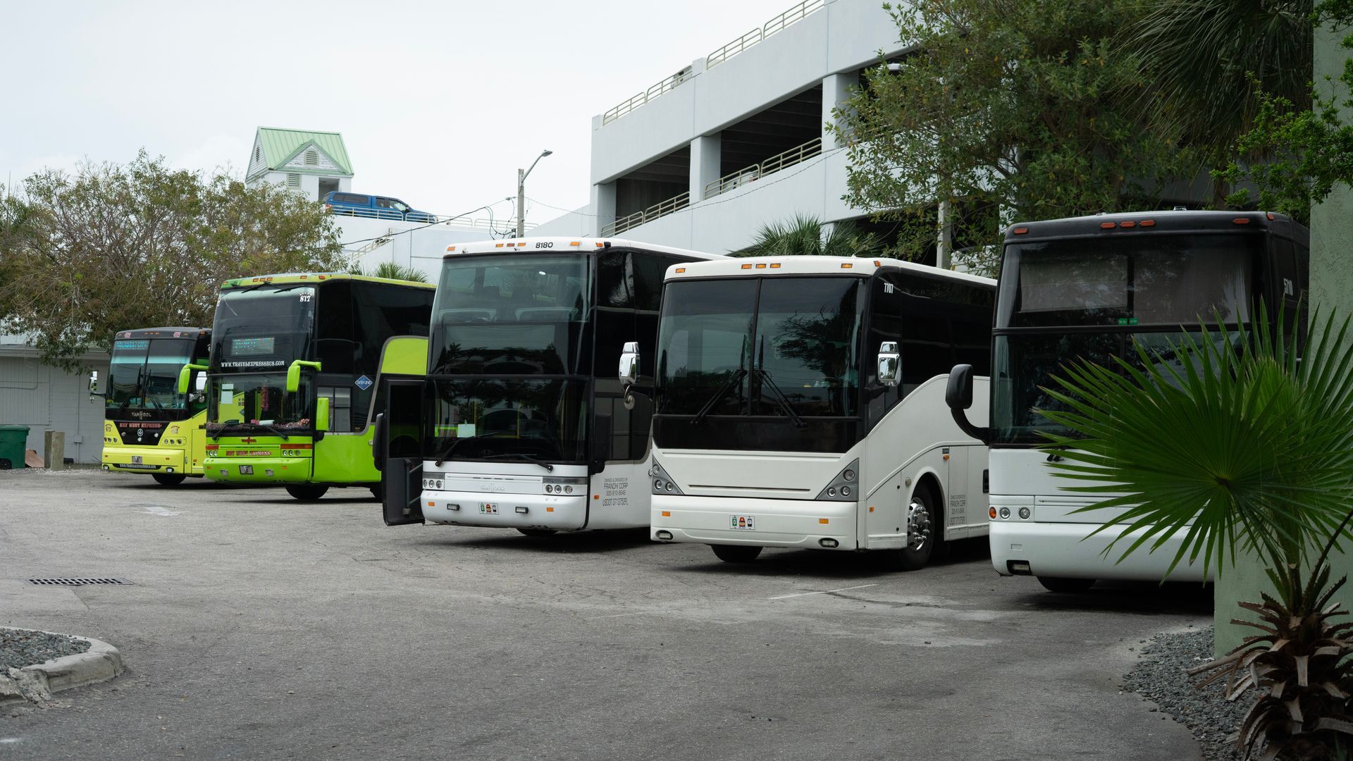 Tour buses parked in the staging area for Miami to Key West trips
