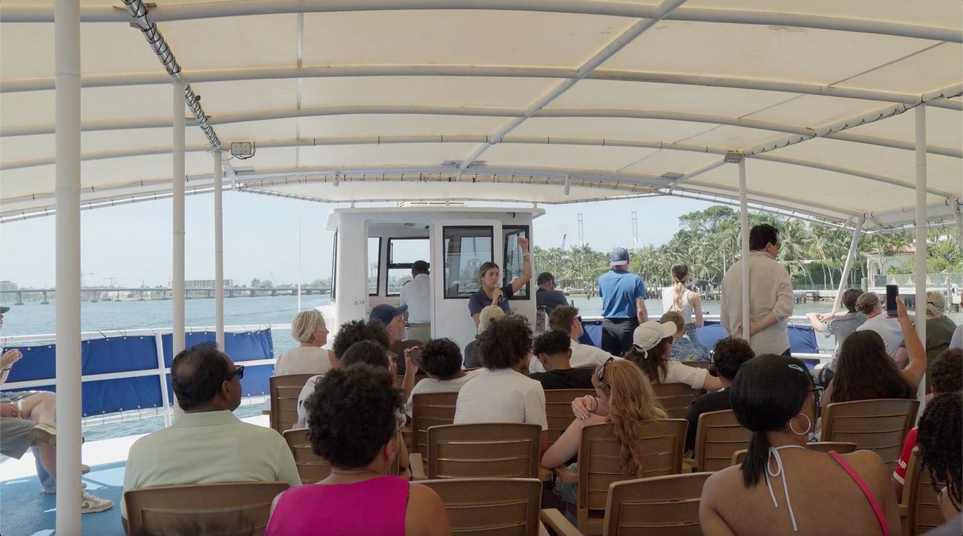 Open air top deck of a Miami Boat Cruise around Biscayne Bay, perfect for Families and kids