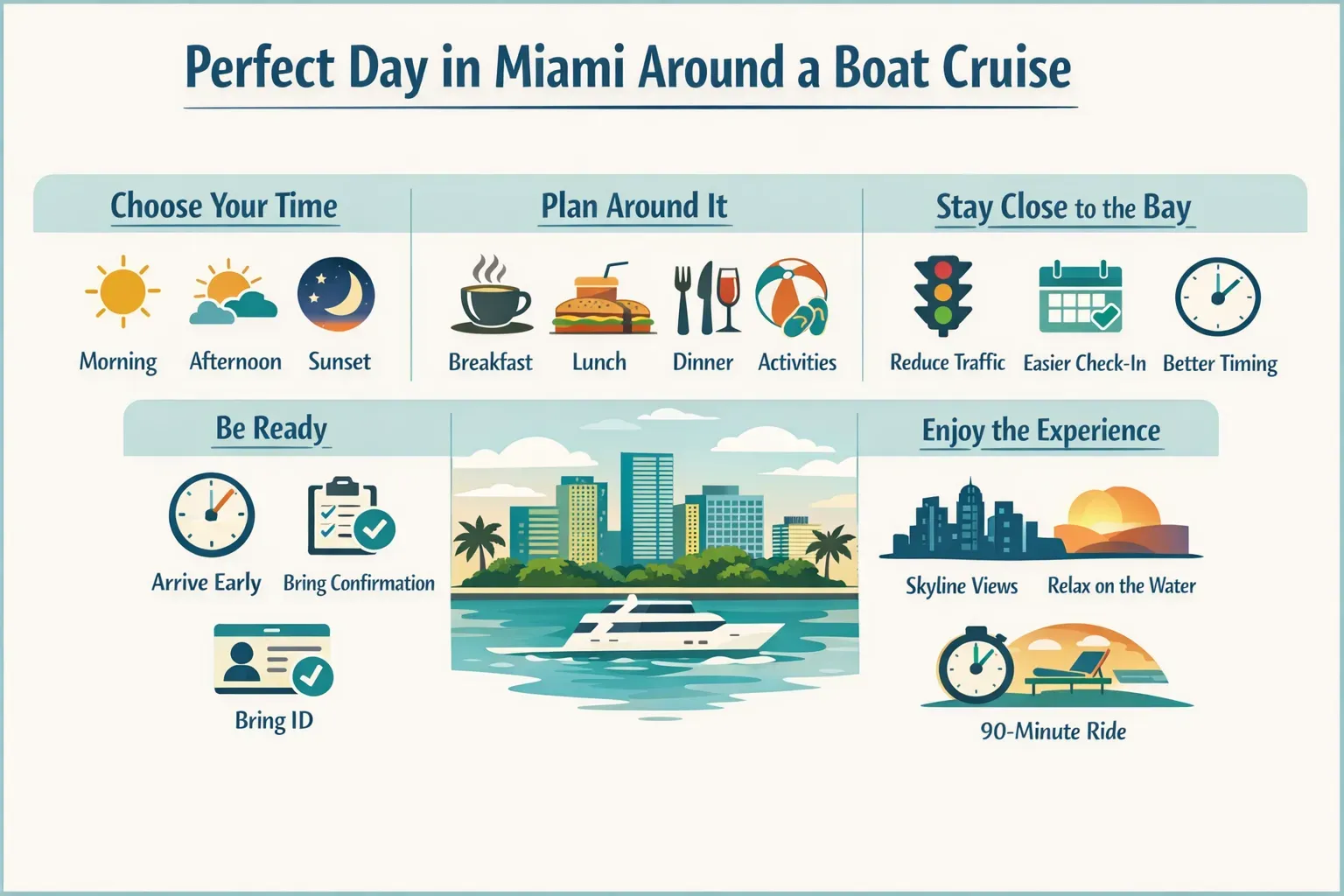 how to plan a perfect day in Miami around a boat cruise infographic with timing, tips, and itinerary.