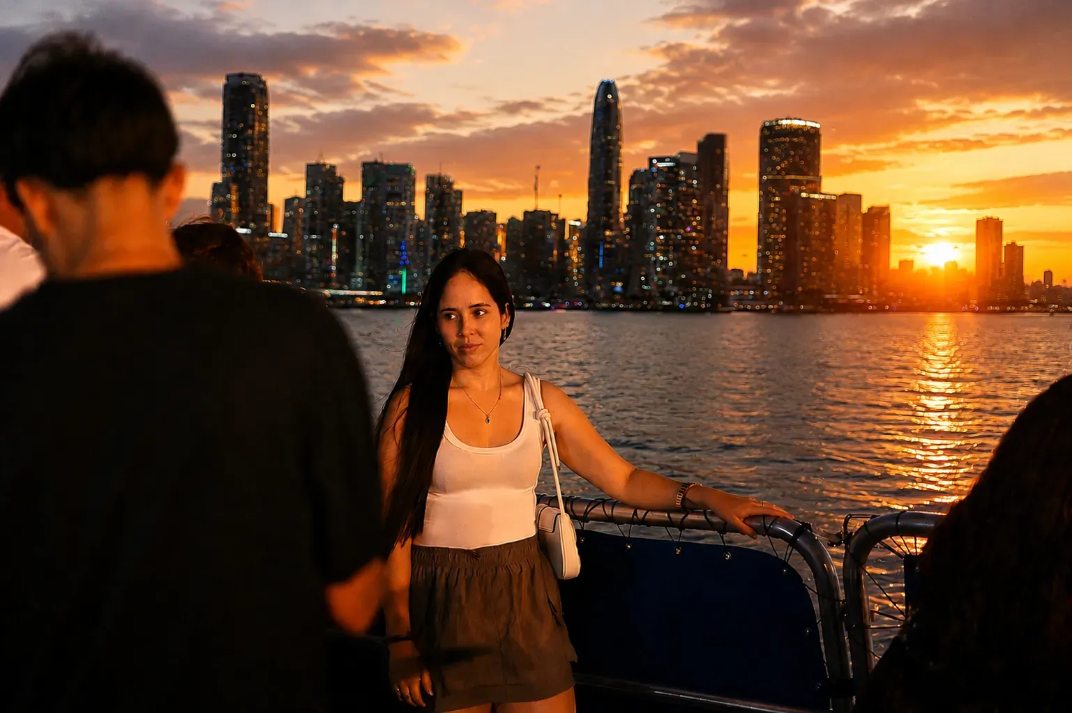 Couple enjoying a Miami Sunset Mansion Cruise with glowing skyline views and sunset reflections on Biscayne Bay