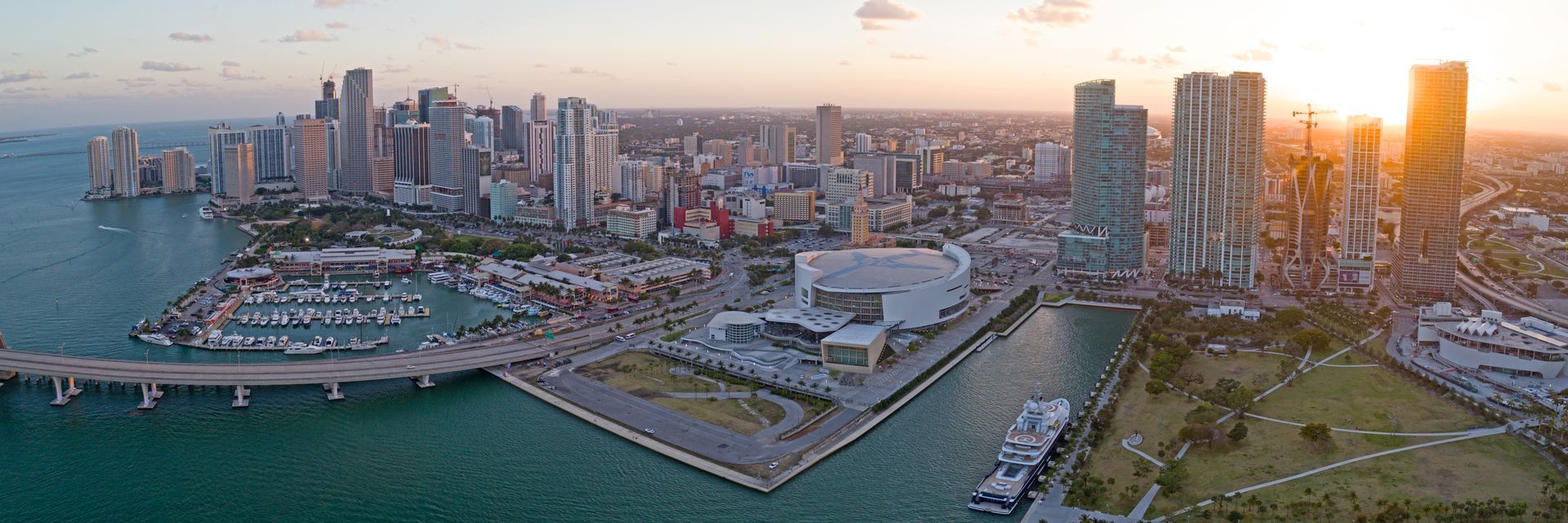 Downtown Miami and Bayside Marketplace with the Miami Skyline in the background and the Sunset in Miami