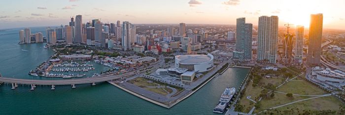Downtown Miami and Bayside Marketplace with the Miami Skyline in the background and the Sunset in Miami