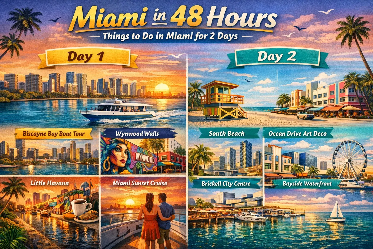 Things to do in Miami for 2 days infographic showing a 48 hour Miami weekend itinerary including South Beach, Biscayne Bay boat tour, Wynwood and Bayside