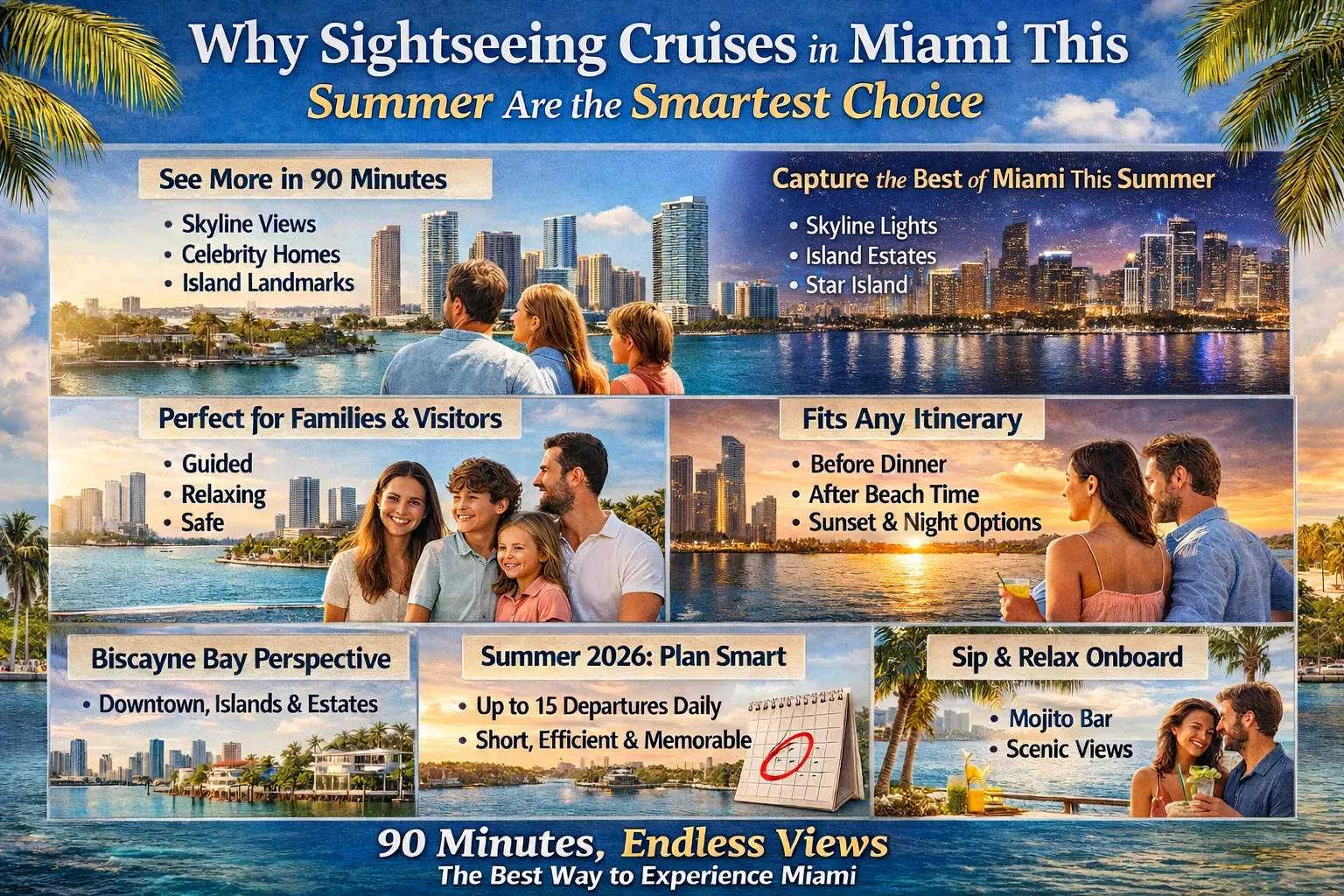 Infographic explaining why sightseeing cruises in Miami this summer 2026 are the top 90-minute skyline and island experience for families