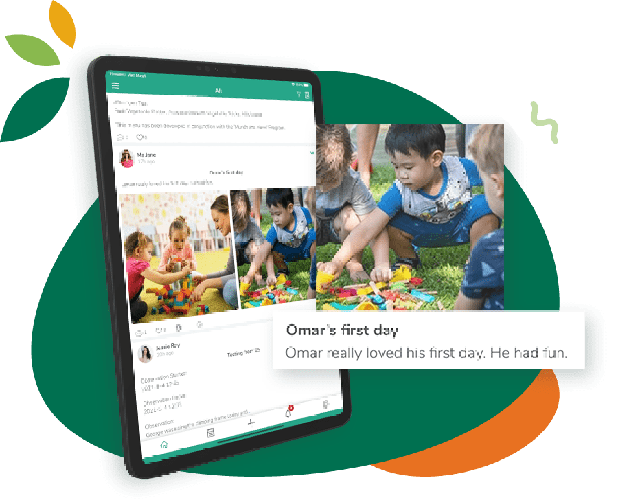 A tablet shows a picture of a child 's first day