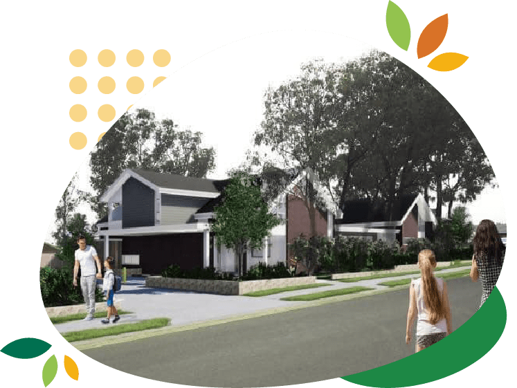 An artist 's impression of a family walking down a street in front of a house.