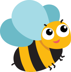 A cartoon bee with big eyes and blue wings