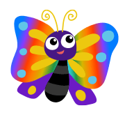 A cartoon butterfly with rainbow colored wings and a purple head