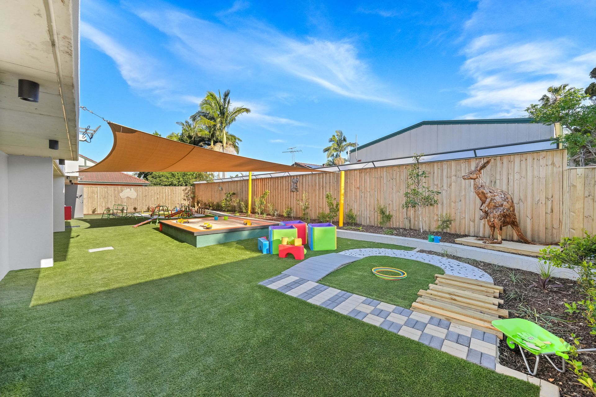 Outdoor children's play area with artificial turf, sandpit, paved path, shade sail, and wooden fence against a blue sky.