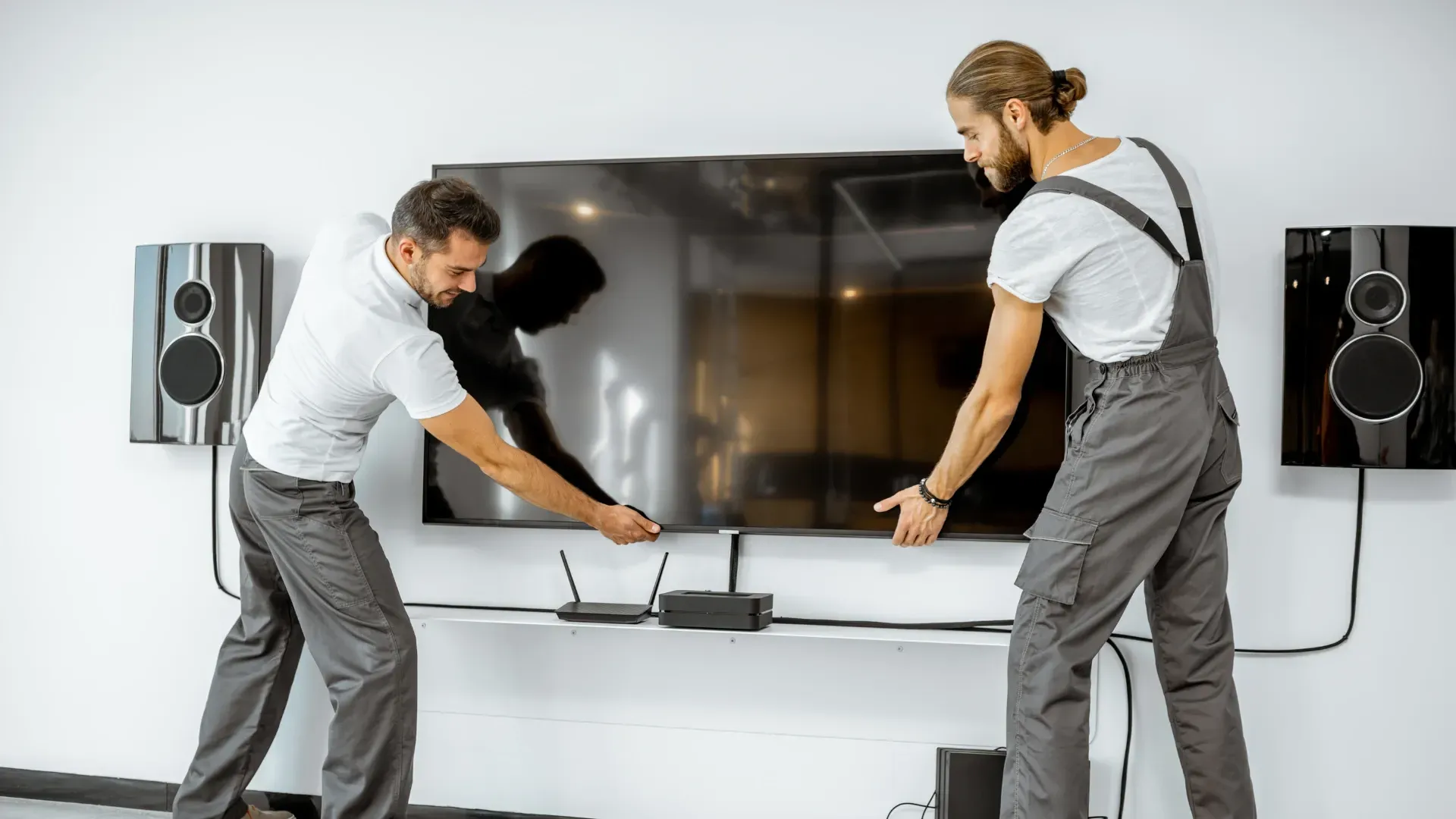 Two men mounting a large TV on a white wall with speakers. One man is wearing grey overalls.