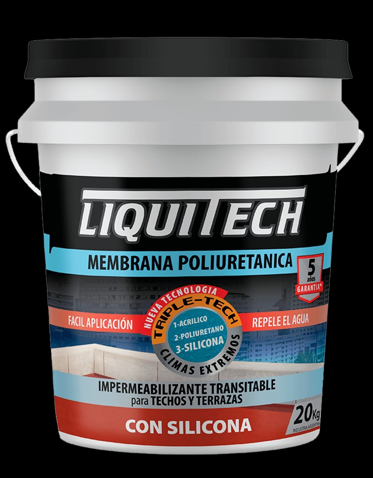 Un balde de membrana de poliuretano Liquitech, indicada para impermeabilizar techos y terrazas.
