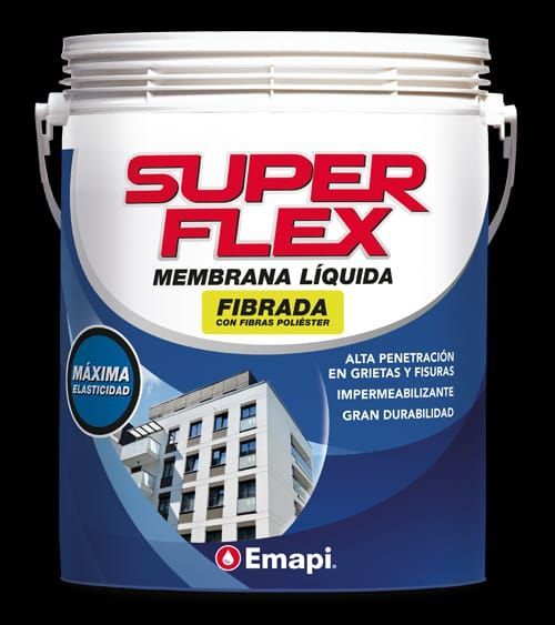 Un balde de Super Flex, un producto de membrana líquida, con texto y una ilustración de un edificio.