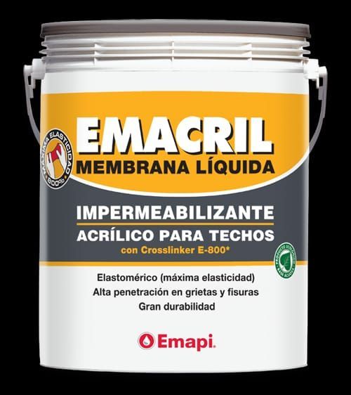 Envase blanco y amarillo de recubrimiento impermeable de membrana líquida EMACRIL, resistente a salpicaduras de agua.