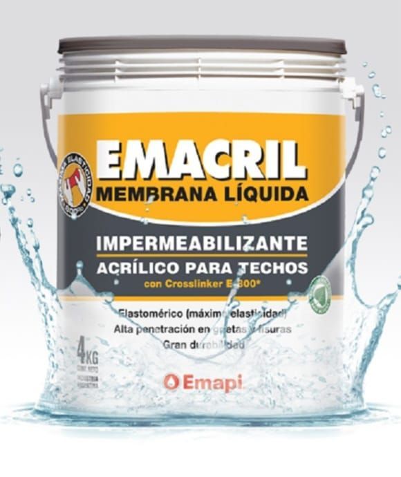 Envase blanco y amarillo de recubrimiento impermeable de membrana líquida EMACRIL, resistente a salpicaduras de agua.